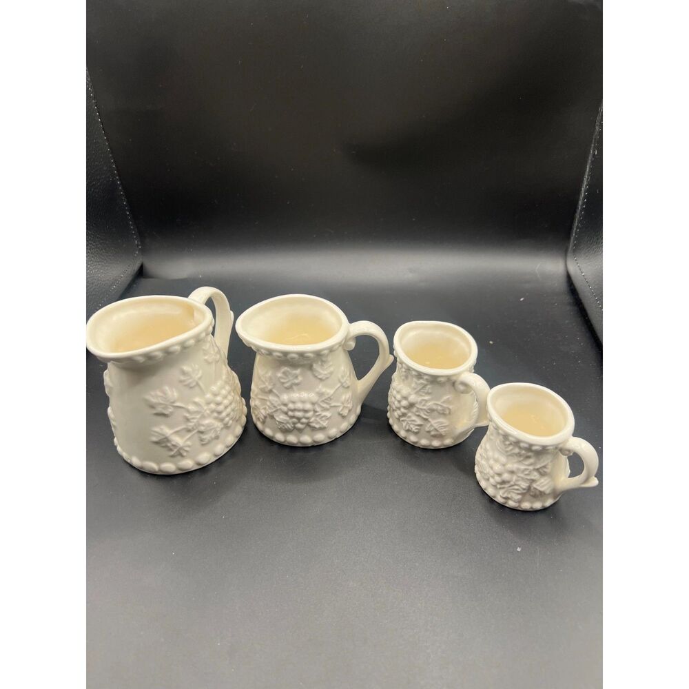 Vintage ENESCO White Ceramic Pitcher Grapes Vines Measuring Cup Set of 4